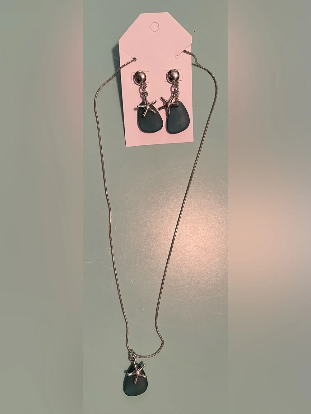 Dark Green Sea Glass Pendant Necklace and Earrings with Silver Starfish Accents